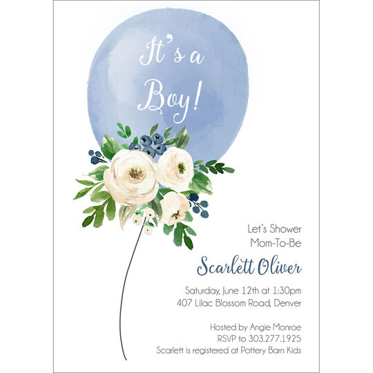 Blue Floral Balloon Baby Shower Invitations